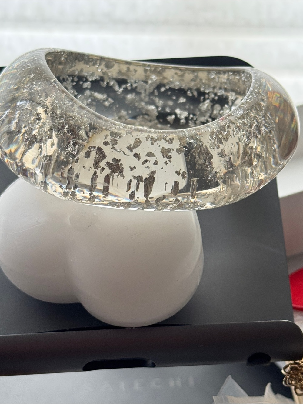 Clear Modernist Chunky Lucite Bangle Bracelet with Silver Flakes - Picture 5 of 13